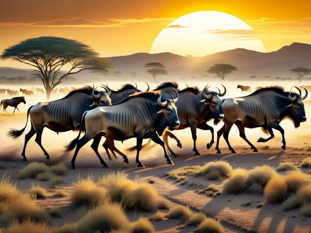 Migración majestuosa de ñus en la sabana africana Manada de ñus migrando en la sabana africana, con patrones y movimientos sincronizados, en un atardecer cálido y nostálgico