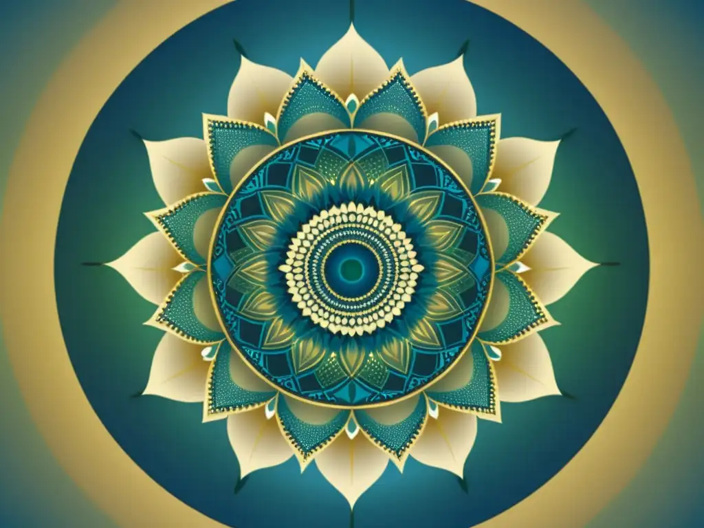 Un mandala digital con patrones de meditación con IA en tonos azules, verdes y dorados