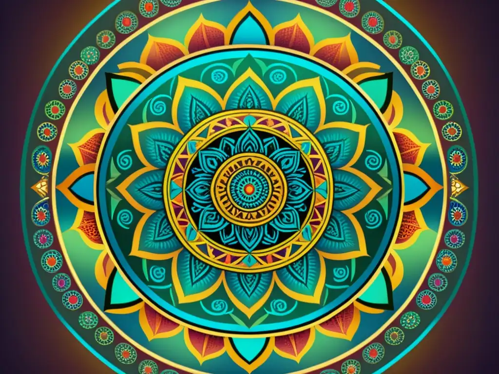 Una mandala geométrica vintage detallada con colores vibrantes y patrones simétricos, evocando la belleza de geometría sagrada y su significado espiritual