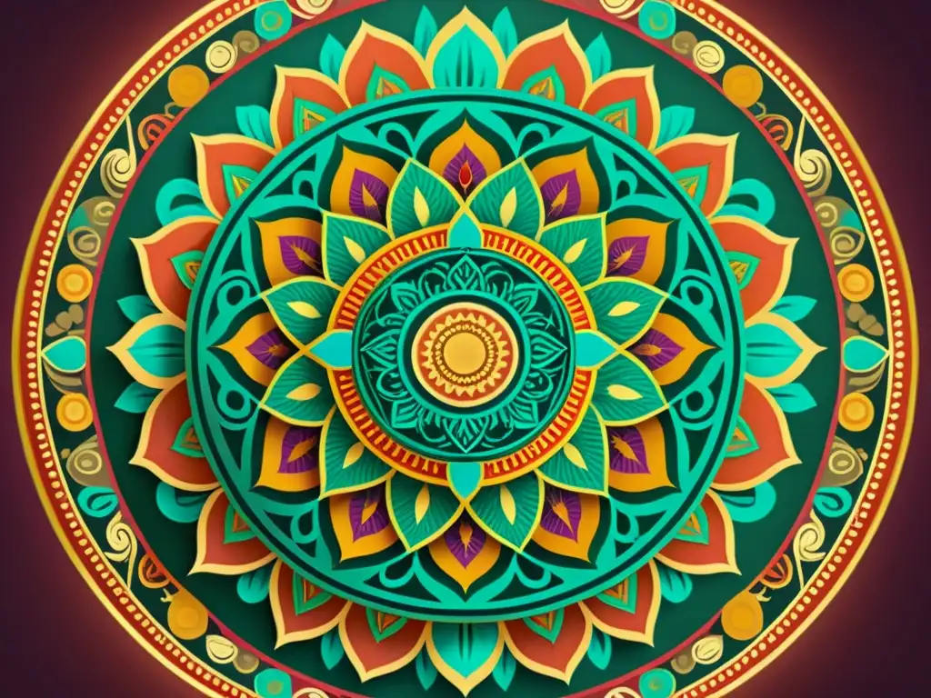 Un mandala vintage con intrincados patrones geométricos y colores vibrantes, reflejando la importancia cultural en varias tradiciones