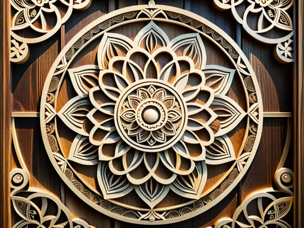 Un mandala de madera tallada con patrones espirituales en objetos cotidianos, evocando artesanía atemporal y significado cultural