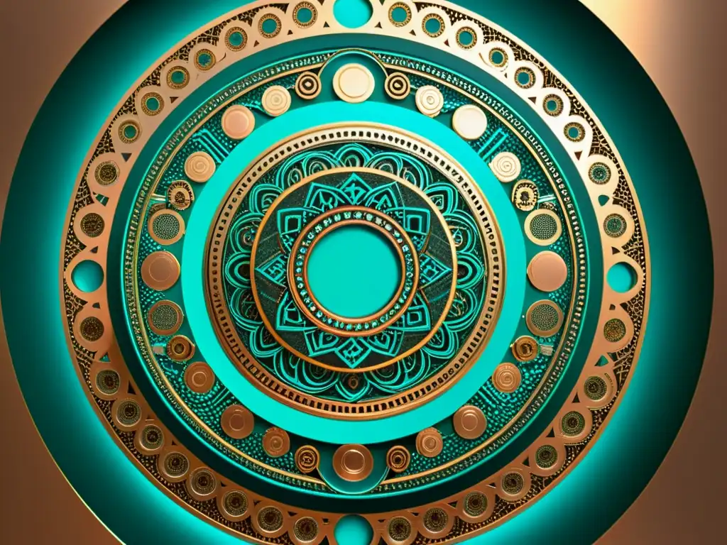 Un mandala vintage de patrones de circuitos con acentos cobre y turquesa