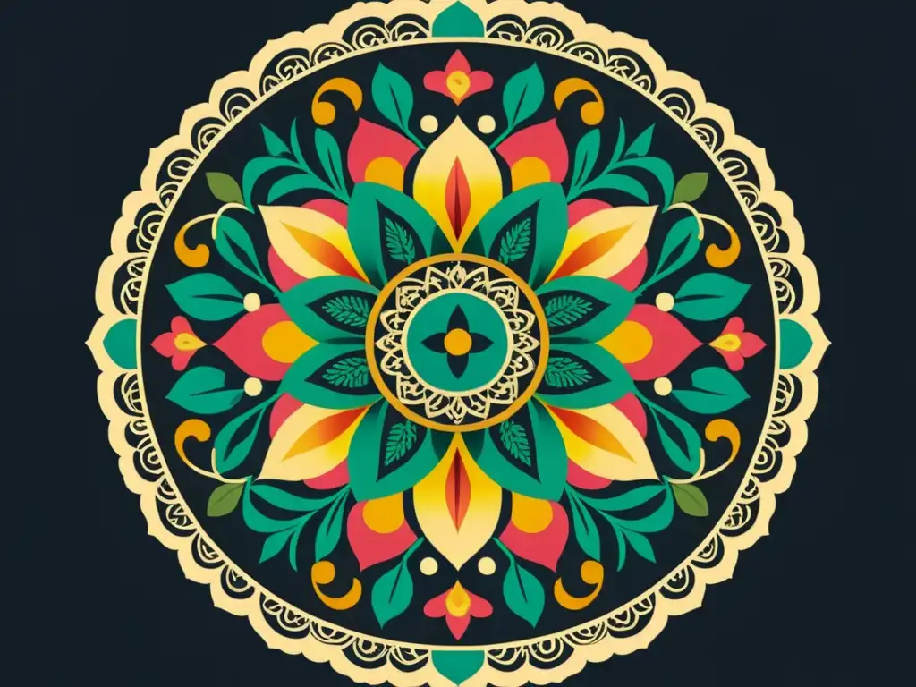 Un mandala vintage con patrones e colores vibrantes sobre un fondo oscuro