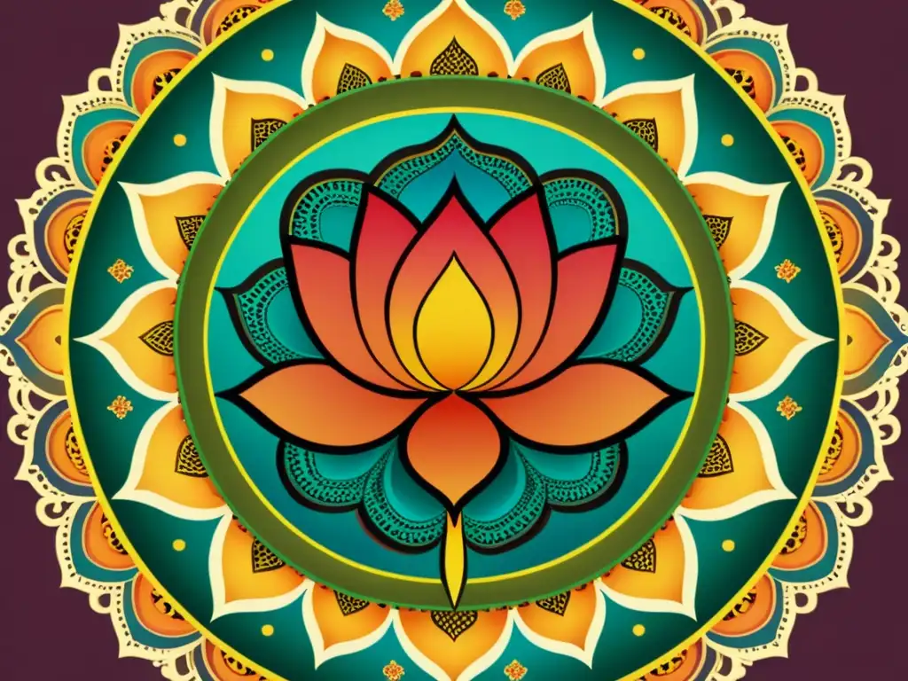 Un mandala vintage con patrones sagrados y colores vibrantes, evocando armonía cósmica y tranquilidad meditativa en renombradas galerías