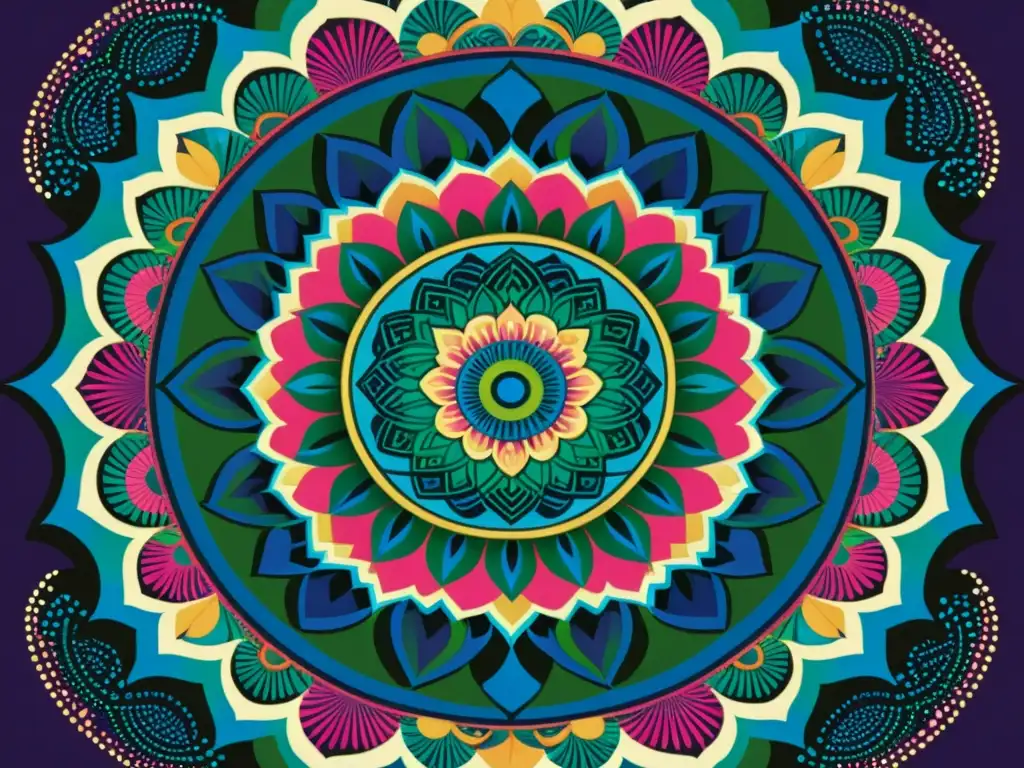 Un mandala psicodélico con patrones hipnóticos y colores vibrantes que evocan el arte psicodélico de los años sesenta