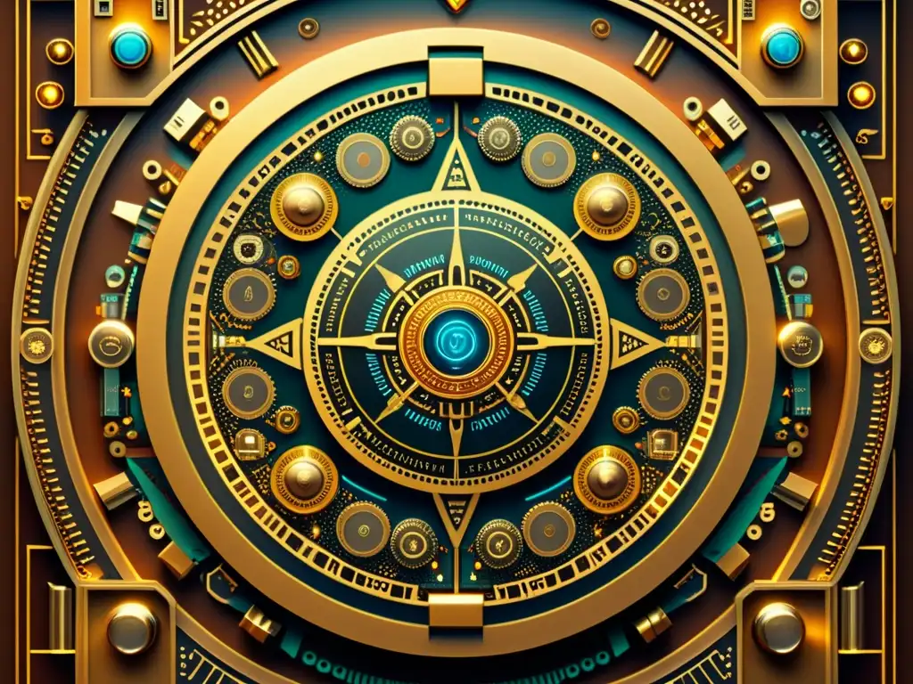 Un mandala tecnológico vintage con patrones de meditación con IA en tonos cálidos y componentes informáticos antiguos