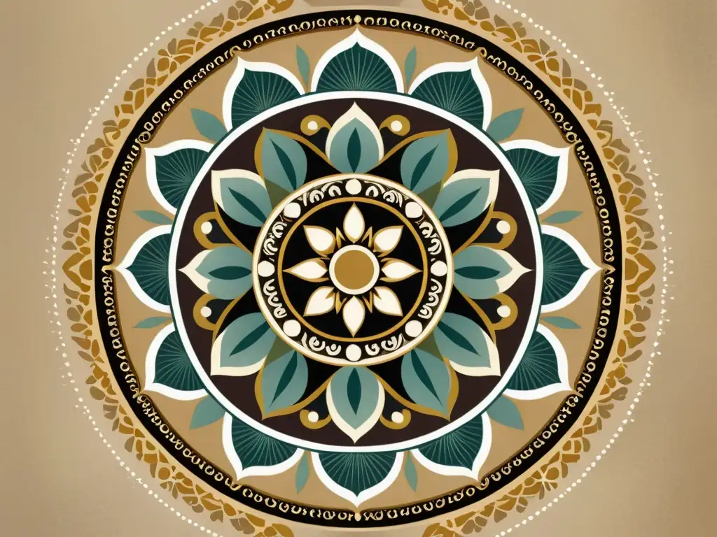 Un mandala vintage en tonos tierra, rodeado de motivos florales, evocando patrones meditativos en mandalas virtuales