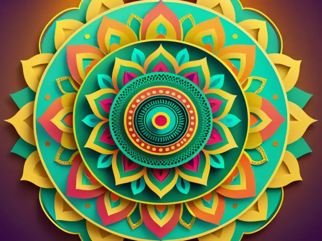 Un mandala vintage con detalles intrincados y colores vibrantes, realzado con elementos de realidad aumentada