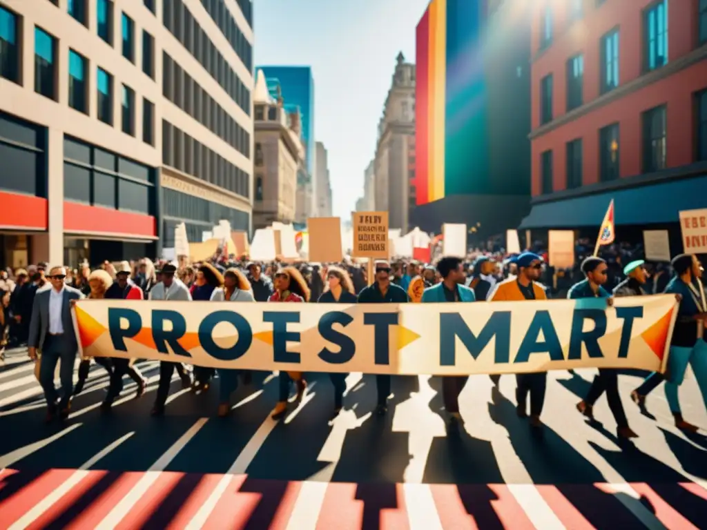 Una manifestación llena de energía, con pancartas de diseño de patrones artísticos culturales, colores vibrantes y luz filtrándose entre ellas