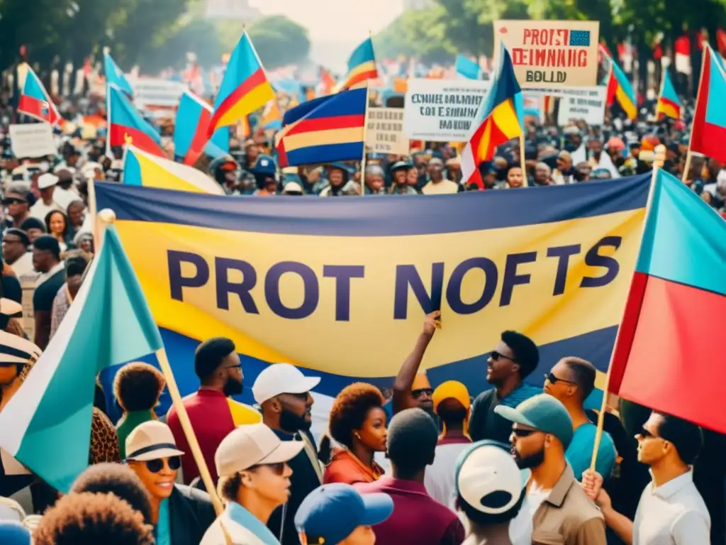 Manifestantes marchan con pancartas y banderas coloridas, mostrando diversos patrones y diseños