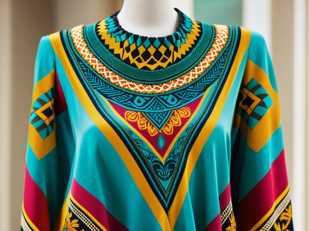 Un maniquí elegantemente cubierto con un vibrante y detallado textil vintage, resaltando el licenciamiento de patrones artísticos emergentes