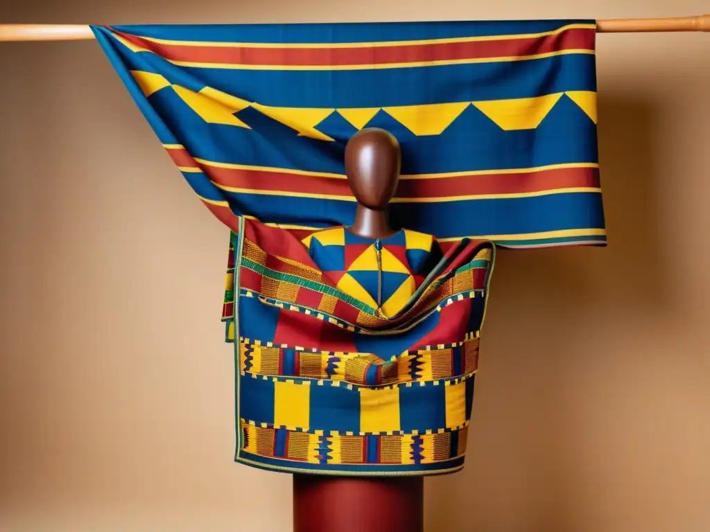 Maniquí de madera cubierto con un intrincado Kente vintage, exhibiendo vibrantes colores y patrones geométricos africanos