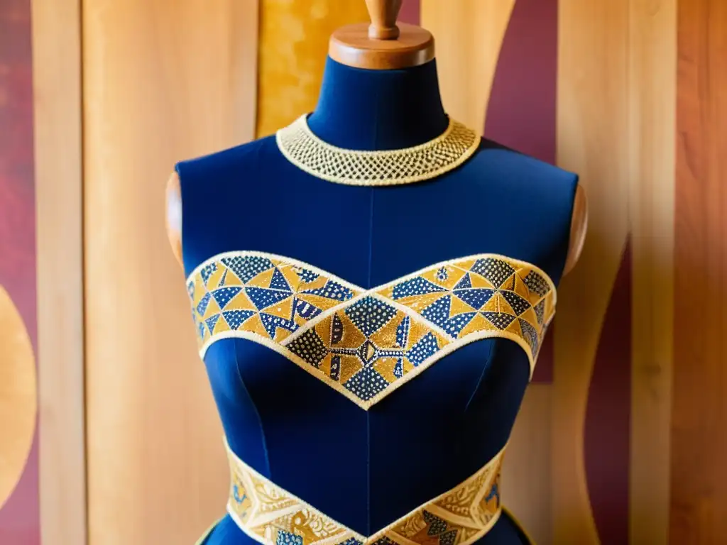 Maniquí de madera vintage con tela batik vibrante Un maniquí de madera vintage sostiene un vibrante tejido batik con patrones intrincados en colores indigo, marrón y ocre