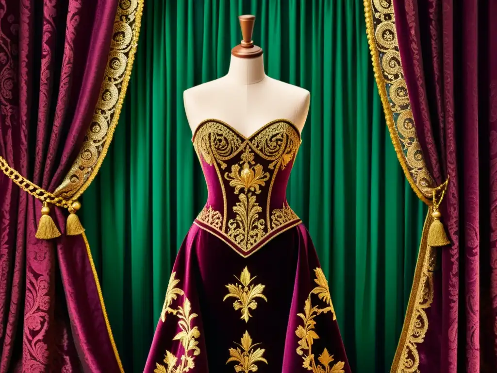 Maniquí vestido con exquisita tela barroca de bordados dorados y colores vibrantes, rodeado de opulencia y elegancia