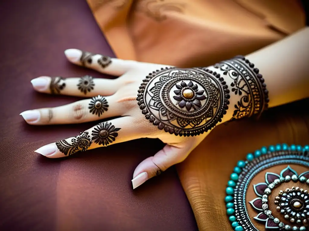 Diseños de henna contemporáneos en mano: tradición y arte Una mano bellamente adornada con patrones de Henna contemporáneos en tonos ricos y vintage, evocando tradición y modernidad