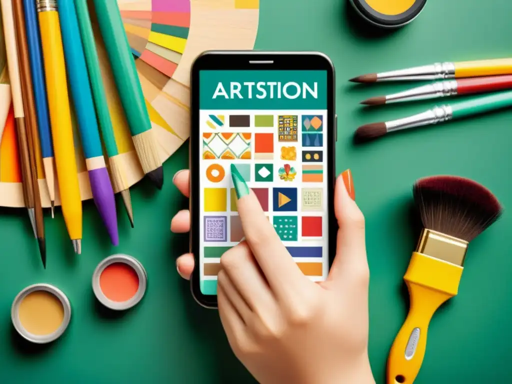 Mano de artista sostiene smartphone con aplicaciones patrones artísticos redes sociales, rodeada de herramientas creativas