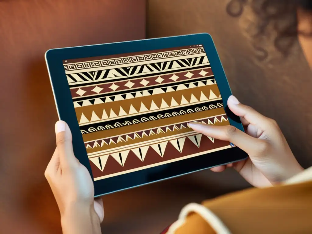 Mano diseñadora manipula patrón tribal en tablet, con detalles étnicos y cálidos tonos de fondo