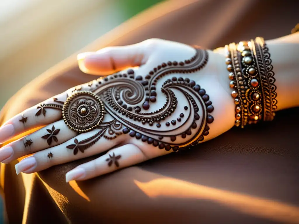 Mano con patrón de henna contemporánea Una mano femenina decorada con intrincados patrones de Henna contemporáneos en tonos terrosos