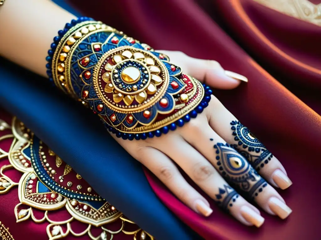 Arte de henna contemporáneo en tonos vintage Una mano femenina con exquisitos patrones de Henna contemporáneos en tonos vintage de indigo, carmesí y oro, fusionando tradición y modernidad