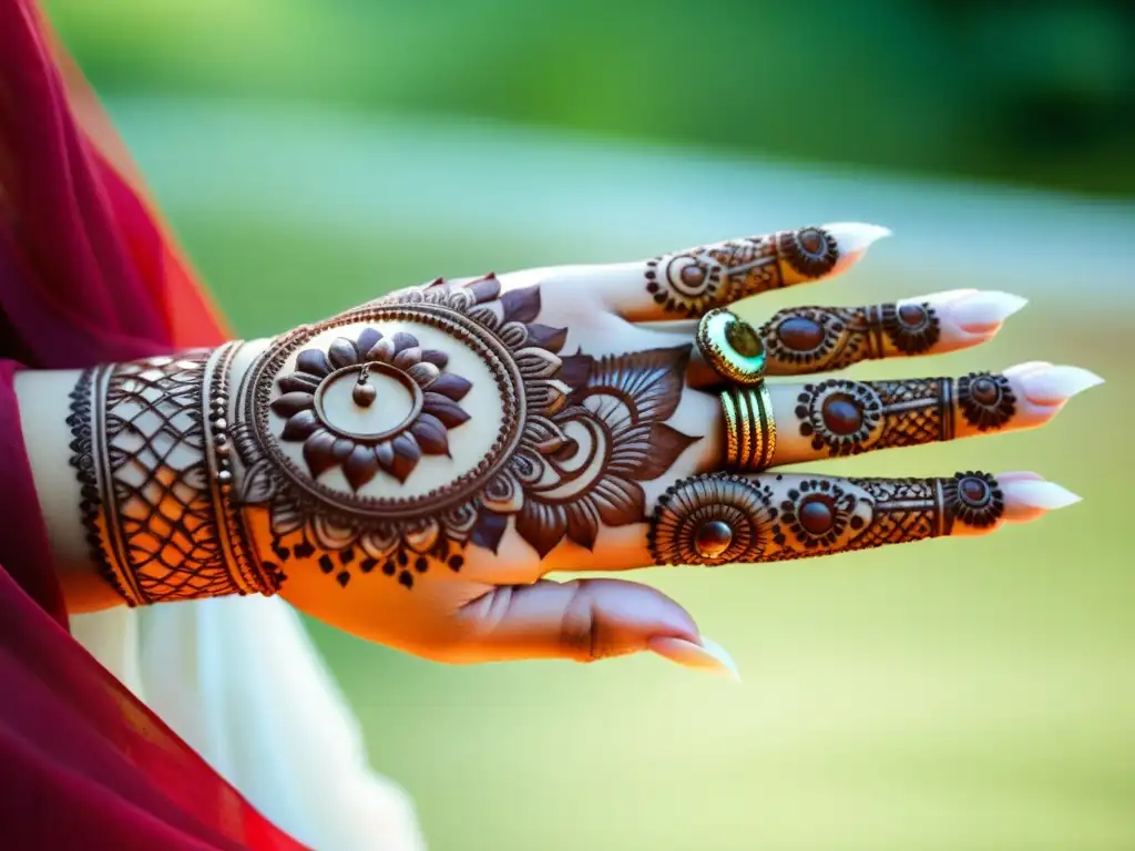 Una mano de mujer exhibe patrones de arte de henna cultural en un diseño intrincado y delicado, evocando la rica herencia cultural