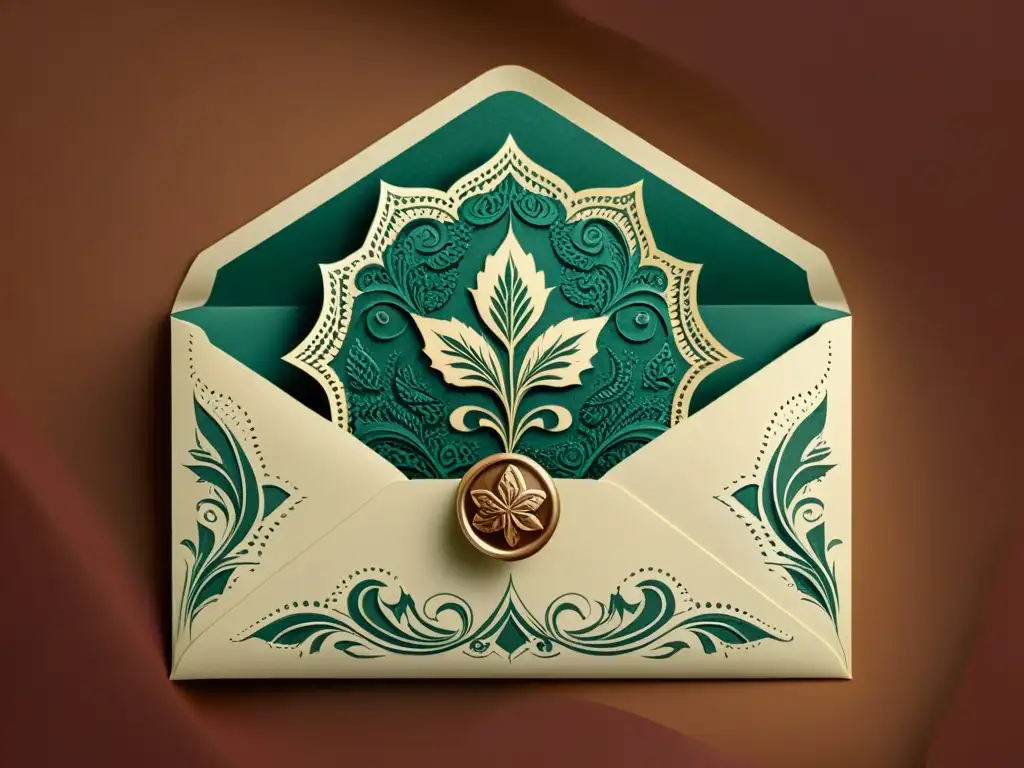 Una ilustración vintage de una mano abriendo un sobre ornamentado con patrones artísticos en email marketing, evocando nostalgia y artesanía