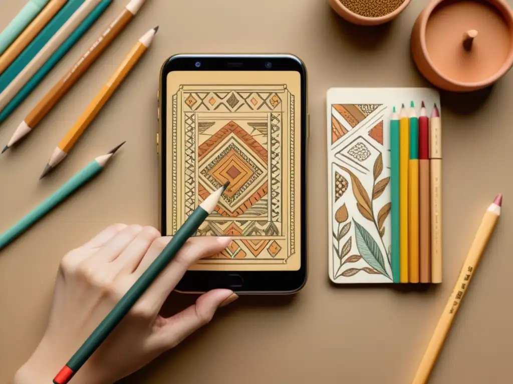 Mano digitalizando un patrón artístico tradicional en smartphone rodeado de suministros de arte