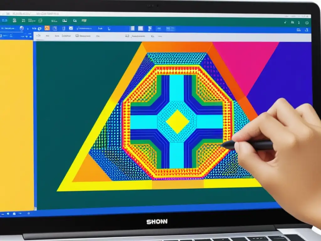 Mano ajusta patrones geométricos en software de diseño para patrones, resaltando su precisión y creatividad en aula