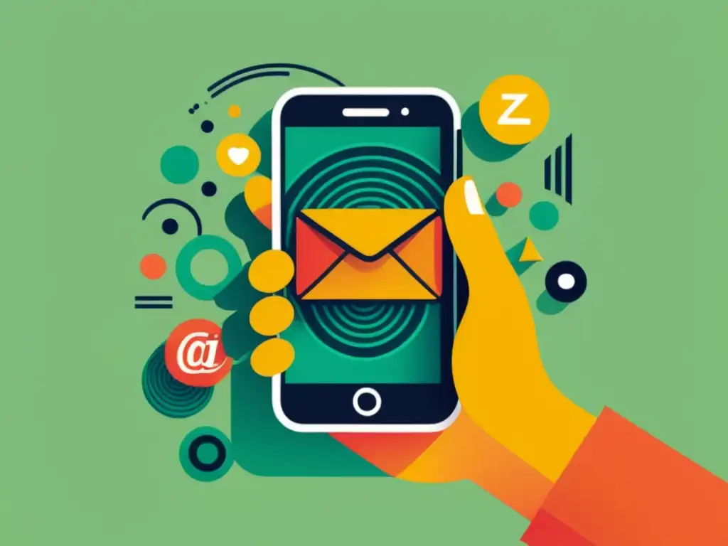 Mano sosteniendo smartphone con diseño artístico de email