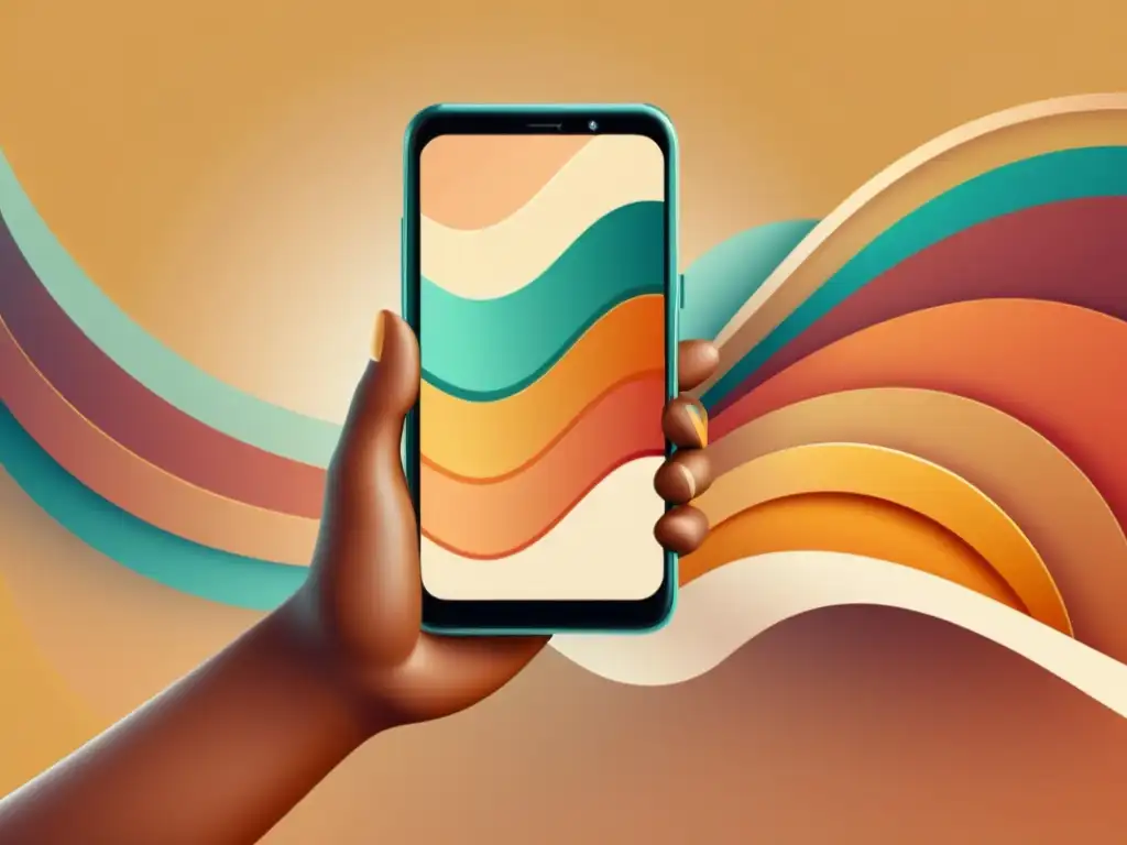 Mano sostiene smartphone con diseño vectorial elegante, evocando innovación en aplicaciones avanzadas diseño patrones vectoriales