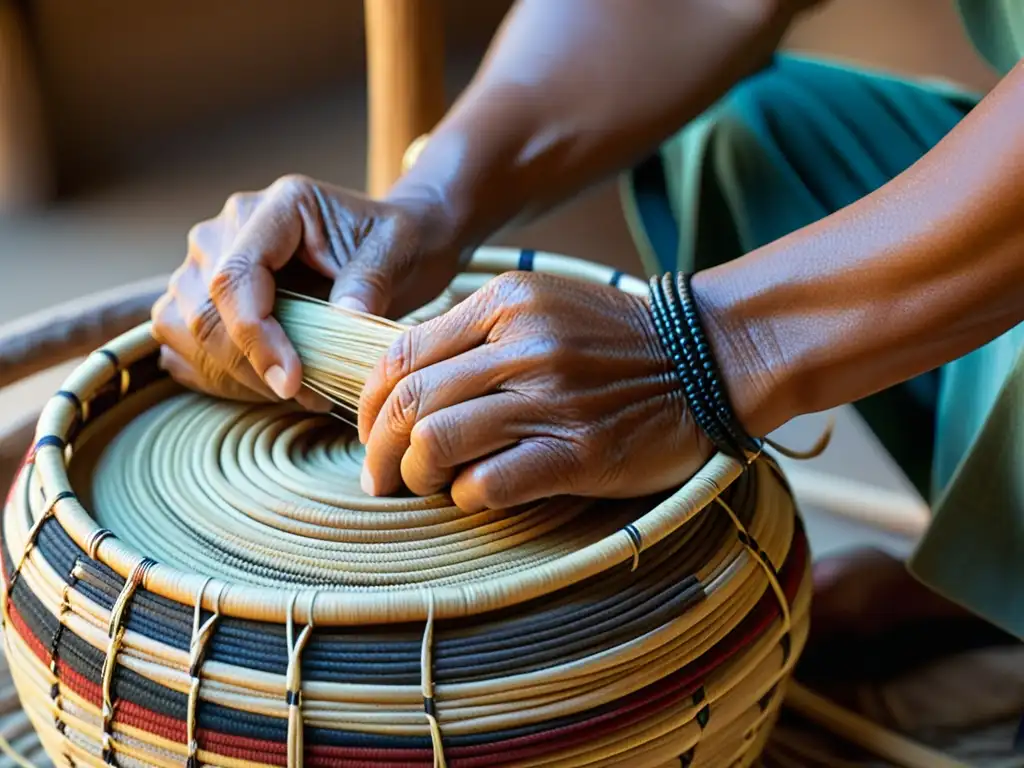 Las manos de un artesano nativo entrelazando fibras naturales para crear una cesta tradicional, mostrando patrones artísticos en cestas nativos