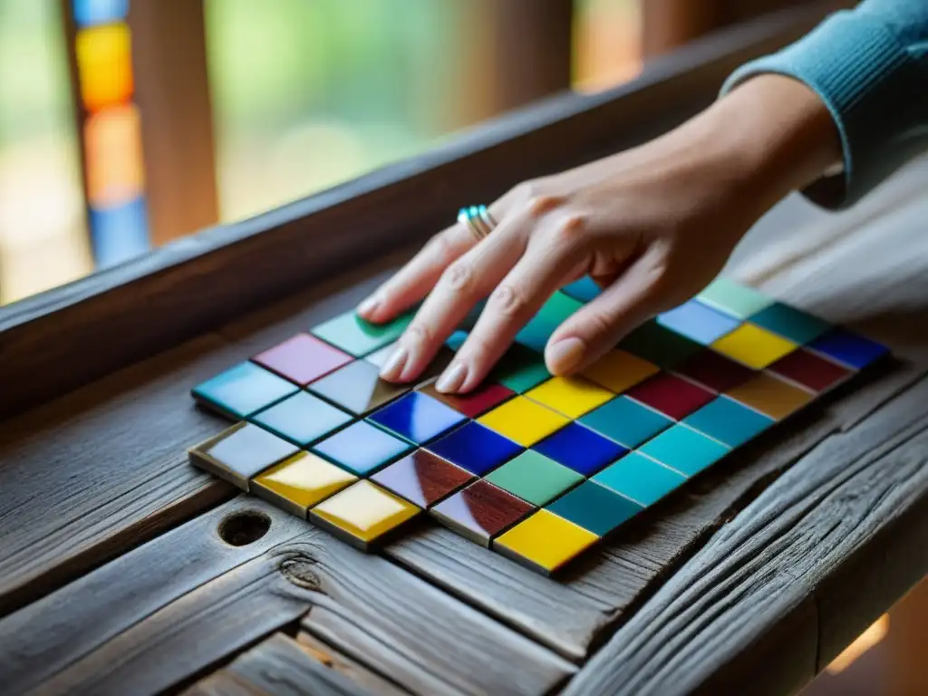 Las manos de un artista crean un patrón de mosaico colorido en una mesa de madera vintage