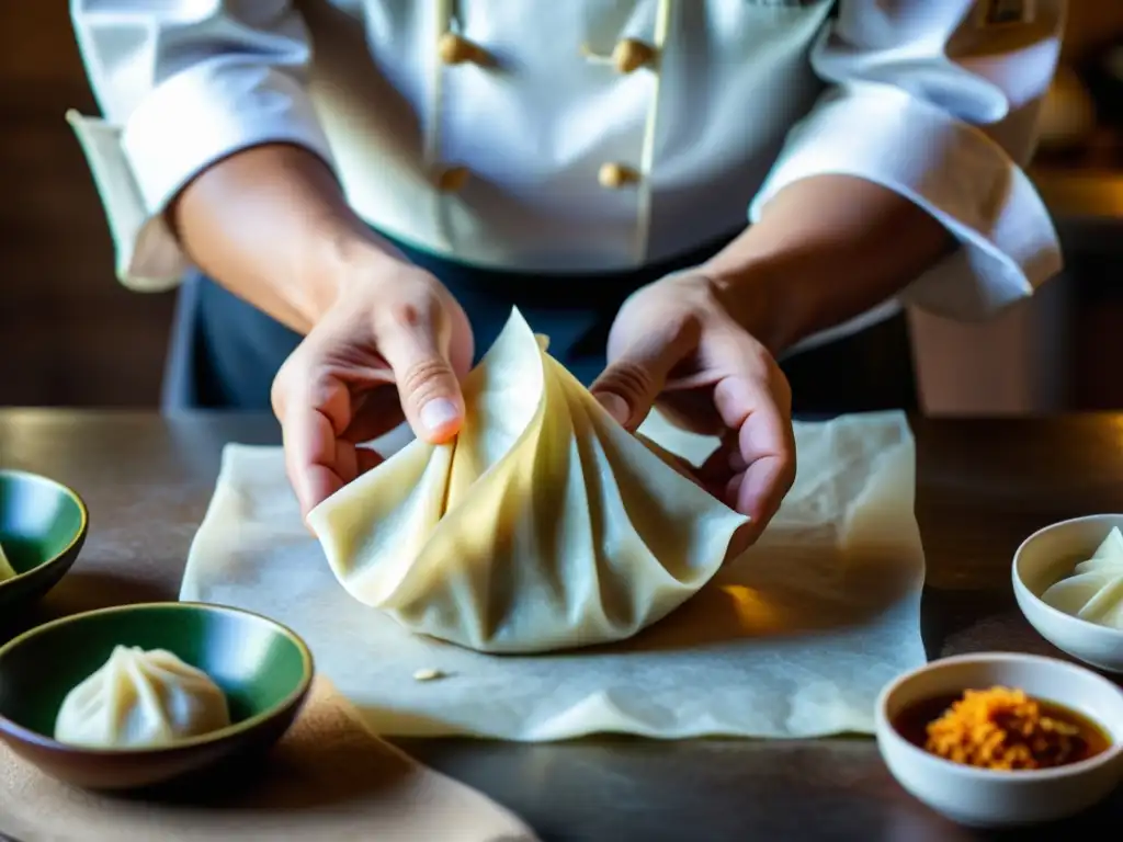 Las manos del chef crean patrones artísticos en dumplings y empanadillas, en un ambiente nostálgico de cocina vintage