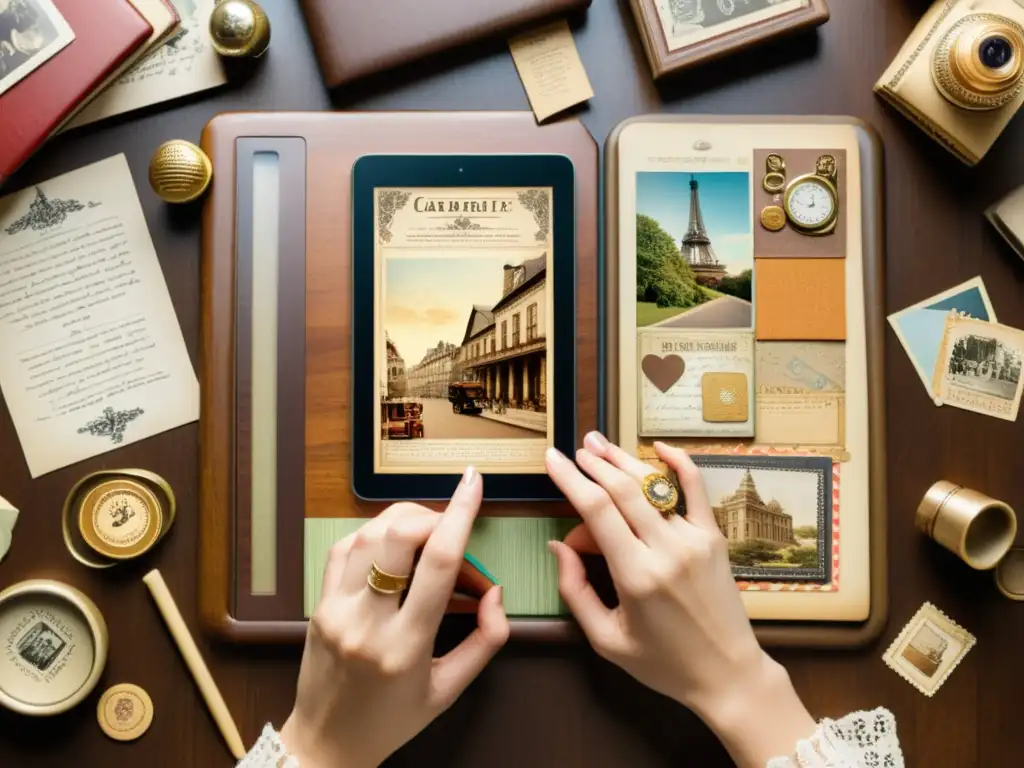 Manos delicadas crean un layout de scrapbook digital en una mesa de madera antigua, rodeada de materiales vintage