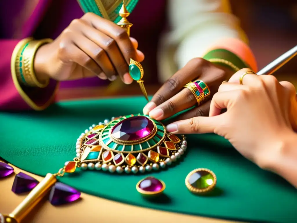 Las manos expertas de un artesano moldean joyería india con patrones vibrantes en un cálido y delicado taller