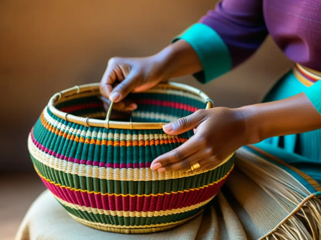 Manos expertas tejen con cuidado fibras terrosas y vibrantes, mostrando las técnicas tradicionales de cestería en América Latina