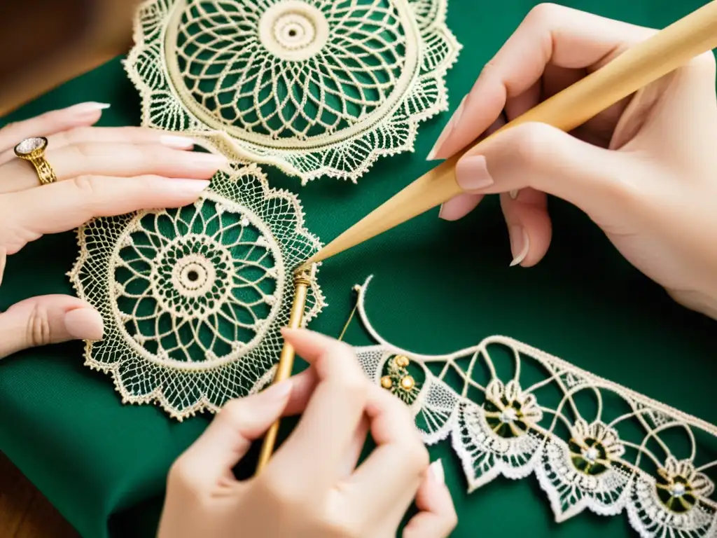 Arte tradicional: manos expertas tejiendo delicado encaje Unas manos expertas crean encaje de bolillos, evocando tradición europea y artesanía delicada