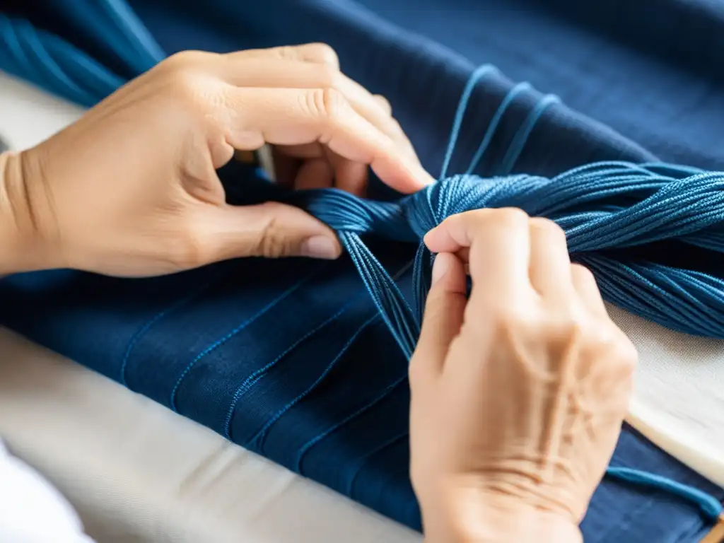 Manos expertas realizando nudos para técnicas tradicionales de teñido Shibori, evocando la magia del arte textil japonés