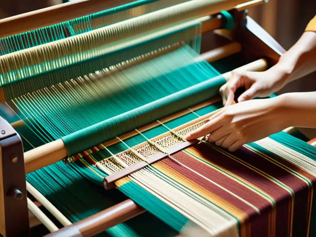 Telar tradicional en acción: arte textil detallado Manos expertas tejen patrones textiles como embajadores culturales en un telar tradicional de madera, con hilos vibrantes y una rica herencia cultural