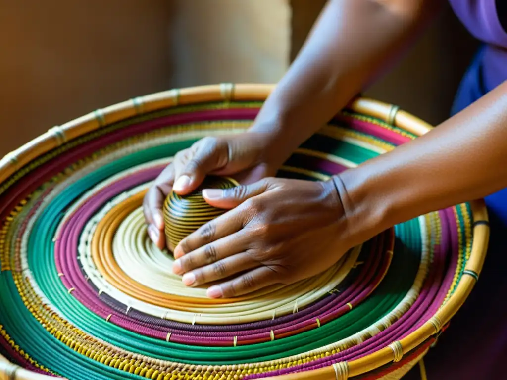 Manos expertas tejen con técnicas tradicionales cestería América Latina, evocando la artesanía y la tradición ancestral