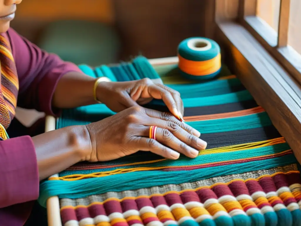 Manos hábiles de artesano indígena tejiendo patrones textiles vibrantes con métodos tradicionales