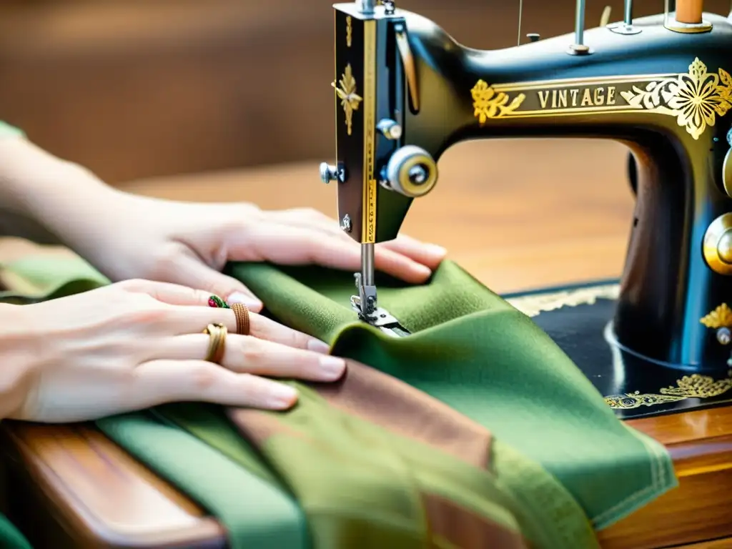 Unas manos hábiles crean un patrón sostenible en una máquina de coser vintage, rodeada de hilos en tonos verdes y marrones