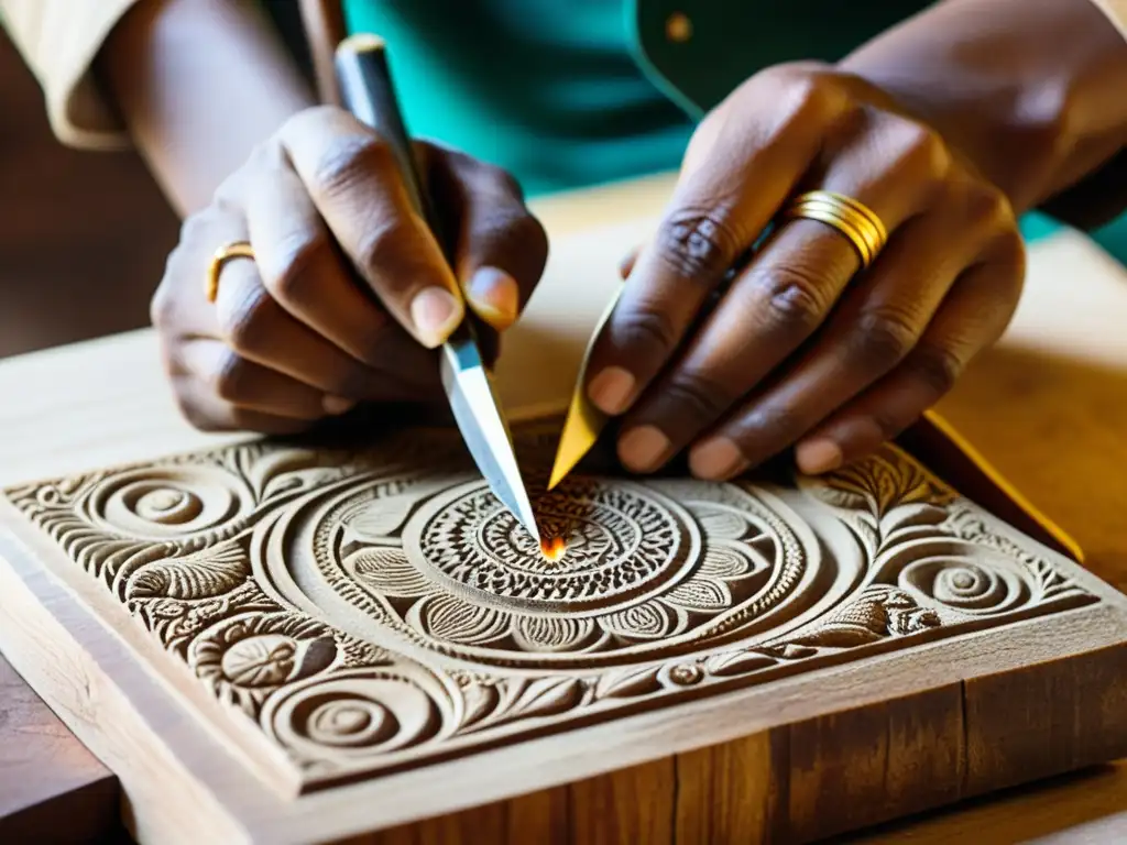 Manos habilidosas esculpen delicados diseños en un bloque de madera para block printing, mostrando la tradición milenaria de block printing en India