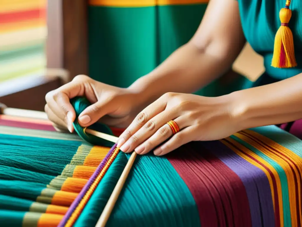 Manos habilidosas tejiendo un patrón textil tradicional, reflejando la artesanía y creatividad del diseño de patrones culturales globales