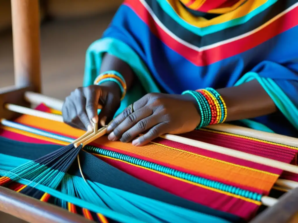 Las manos de una mujer Maasai tejiendo en un telar tradicional, mostrando la habilidad y significado cultural de los tejidos Maasai