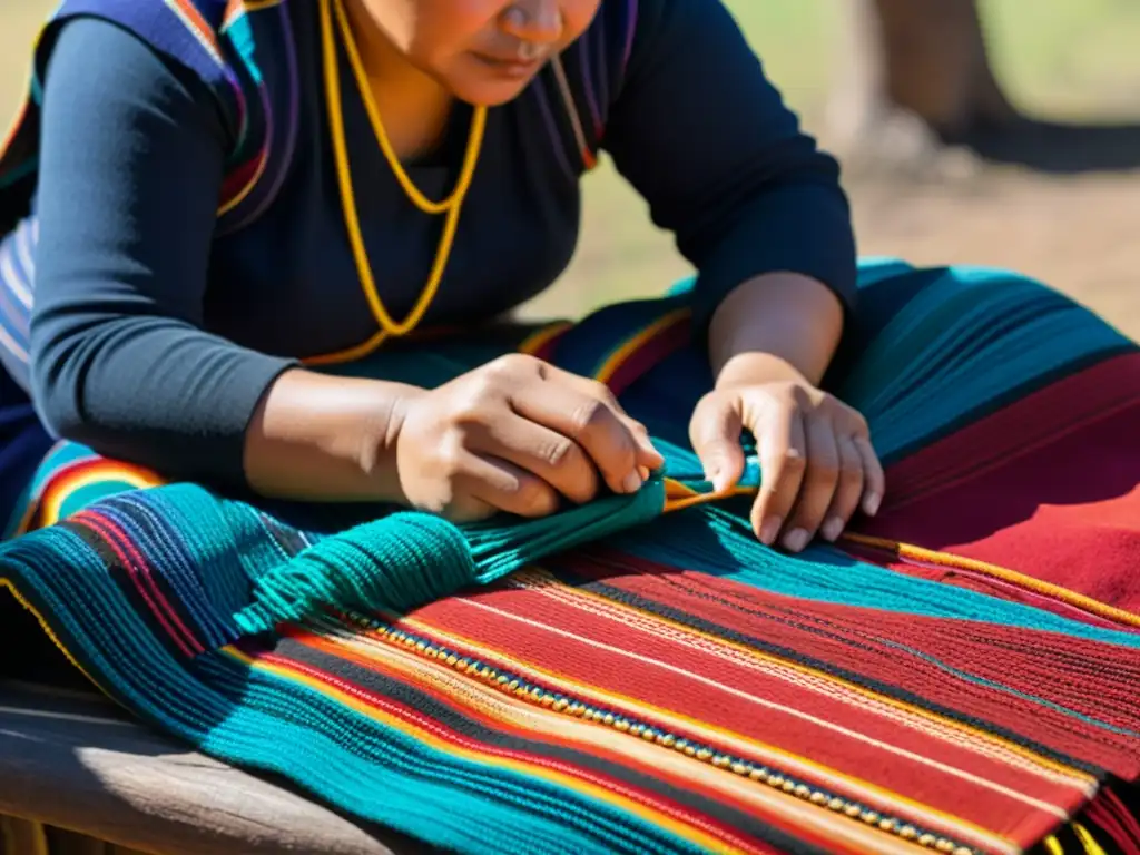 Manos de mujer Mapuche tejiendo con destreza un textil tradicional, reflejando el arte y la modernidad del tejido Mapuche en la pampa