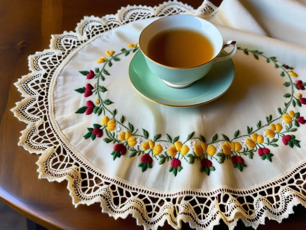 Un mantel antiguo bordado con delicados detalles florales y encajes, complementando la vajilla antigua