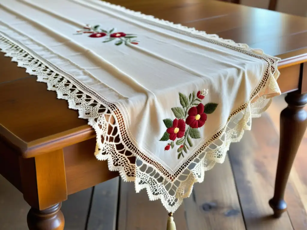 Un mantel antiguo bellamente bordado sobre una mesa de madera, con detalles intrincados y patrones delicados que exudan elegancia atemporal