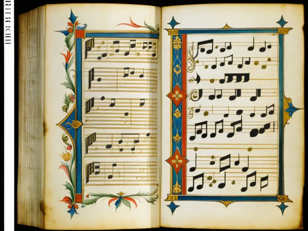 Manuscrito medieval detallado con patrones musicales y simbolismo, evocando la armonía oculta y la elegancia atemporal del arte medieval