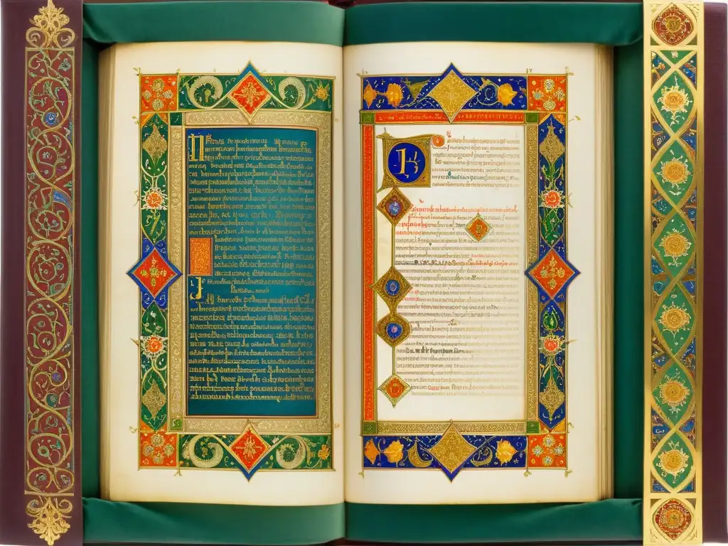 Manuscrito medieval iluminado con patrones artísticos en vibrantes colores y detalles en oro, una expresión de arte y herencia cultural