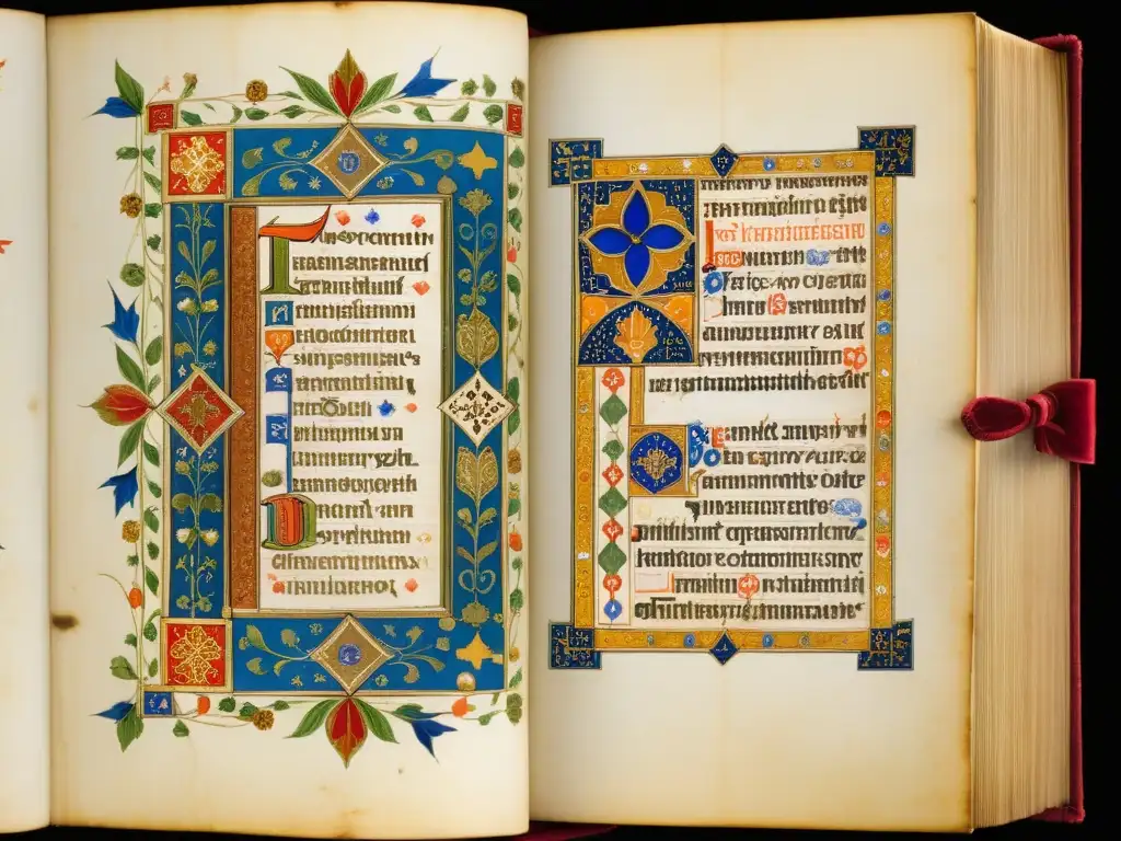 Manuscrito medieval con patrones artísticos en llamativos colores y detallados diseños florales y geométricos, realzando su estética histórica